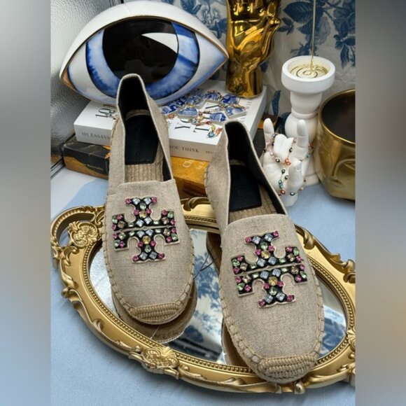 🆕 TORY BURCH 🧿 NWOB Ines Linen & Leather Bejewelled Espadrilles - Sz 10 M - Picture 6 of 13